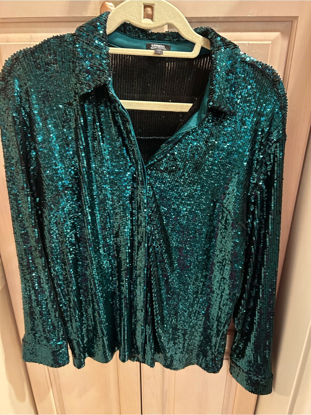 Express Womens Large Dark Teal Sequin Button Up Top New!!